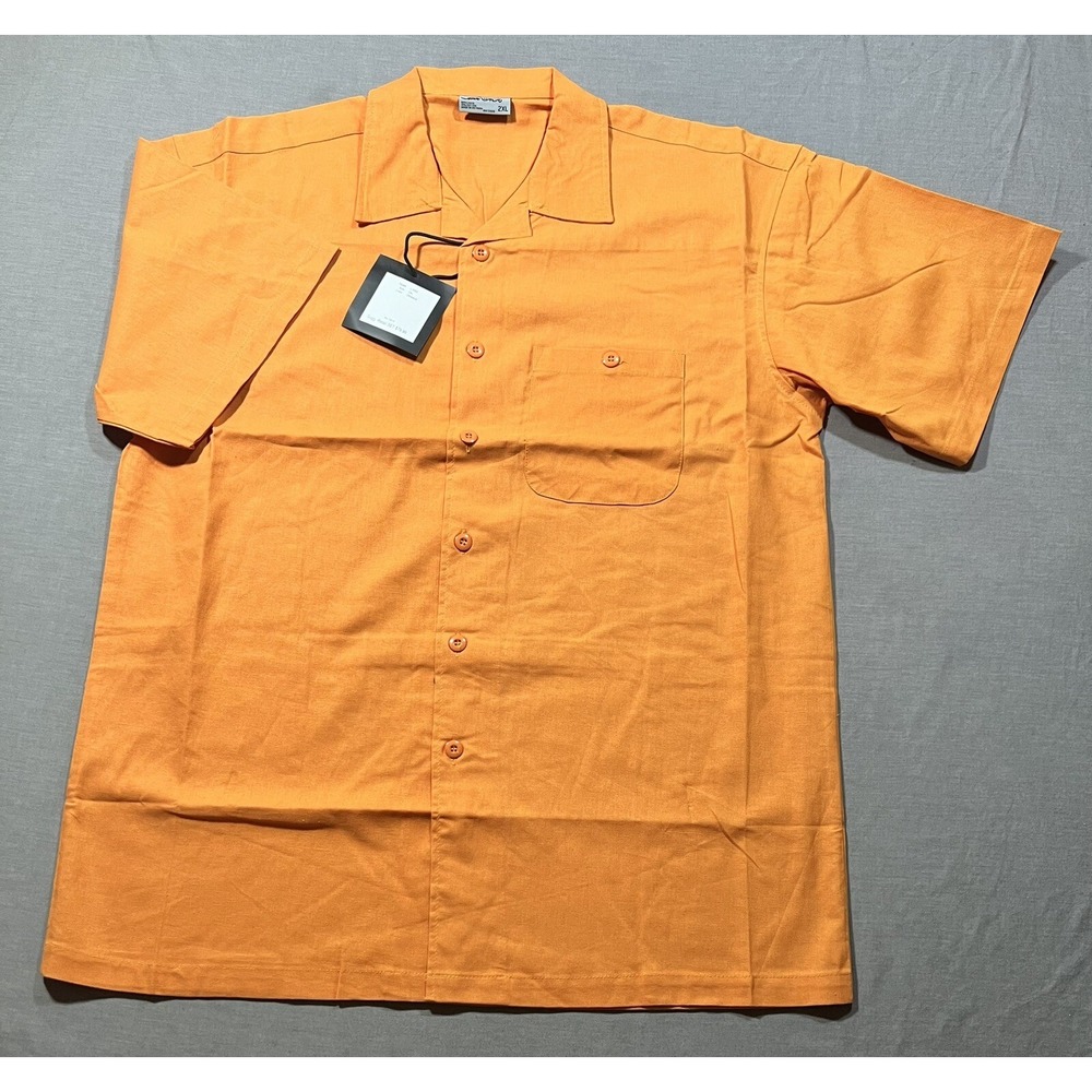 Five AR Linen Shirt Mens 2XL Orange Short Sleeve‎ Button Up Casual Beach.